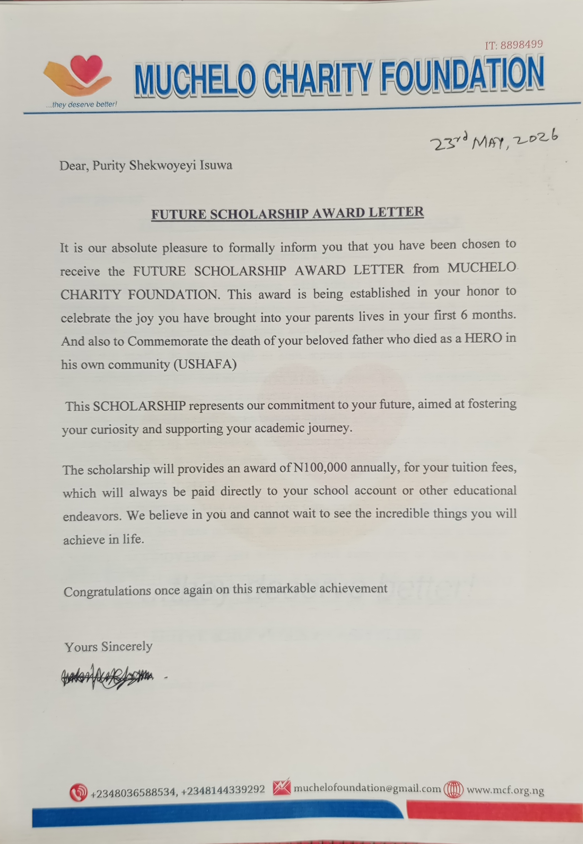 FUTURE SCHOLARSHIP AWARD LETTER TO THE DAUGHTER OF LATE. MR. ISUWA YUNUSA USHAFA