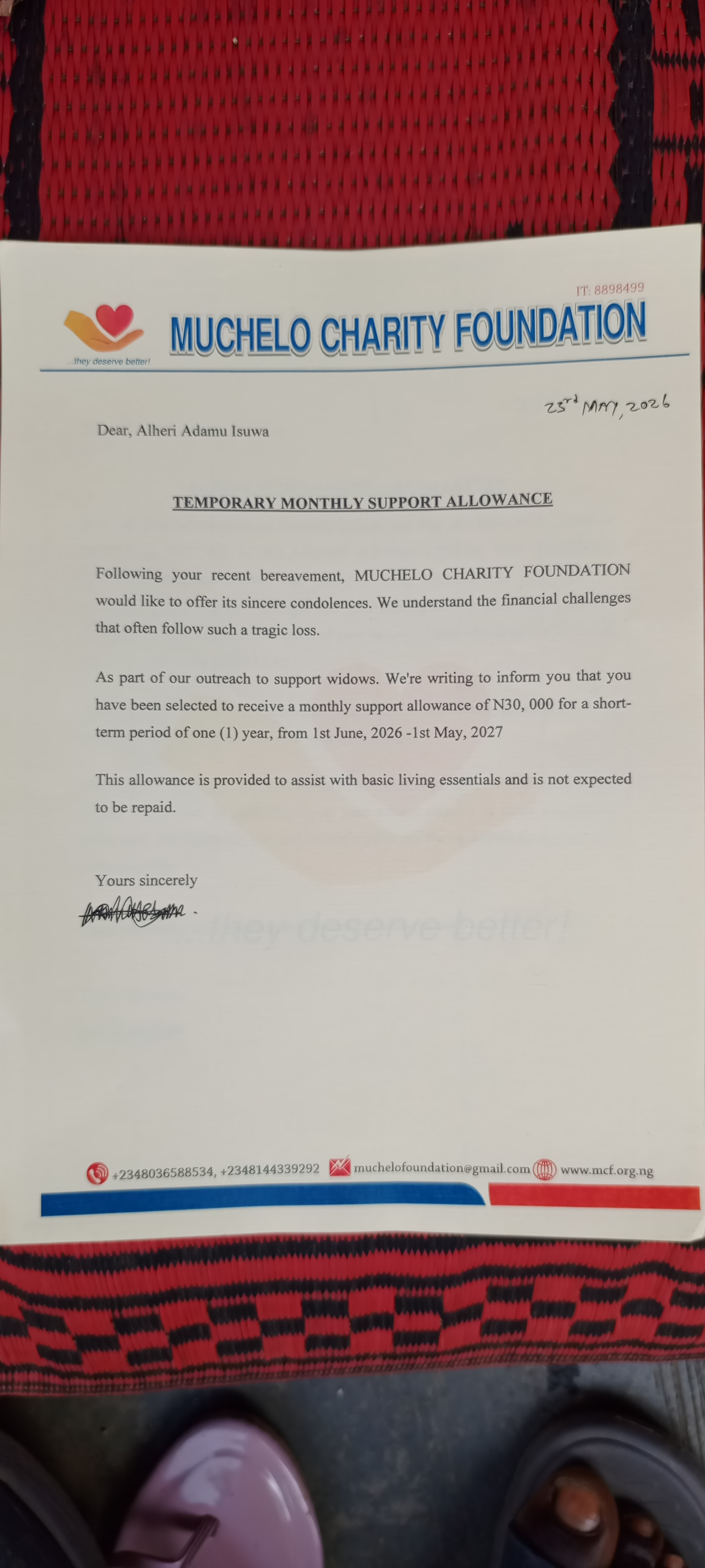 TEMPORARY MONTHLY ALLOWANCE TO MRS. ISUWA USHAFA WIDOW TO SUPPORT HER BASIC NEED ASLESS PRIVILEGED